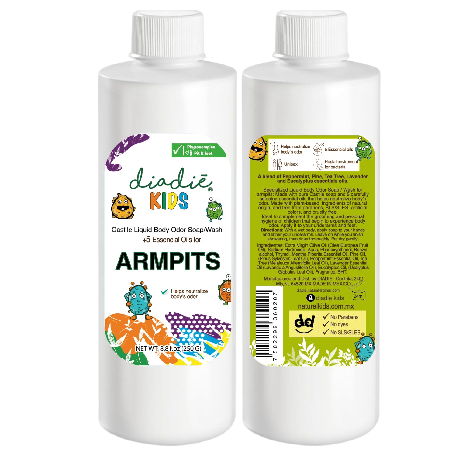 Diadié Kids Natural Castile Liquid Body Odor Soap/Wash, For Armpits, Boys or Girls, Made With 5 Essential Oils, 8.81 oz, 1 Pack